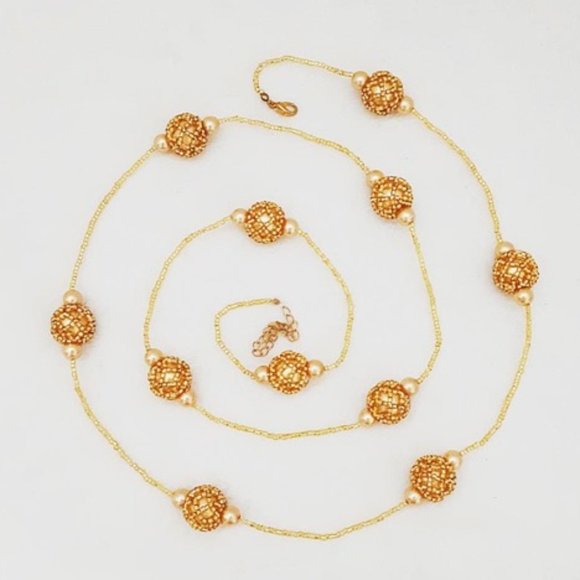 Gold Long Beaded Necklace Faux Pearl Seed Bead NEW - Picture 5 of 6